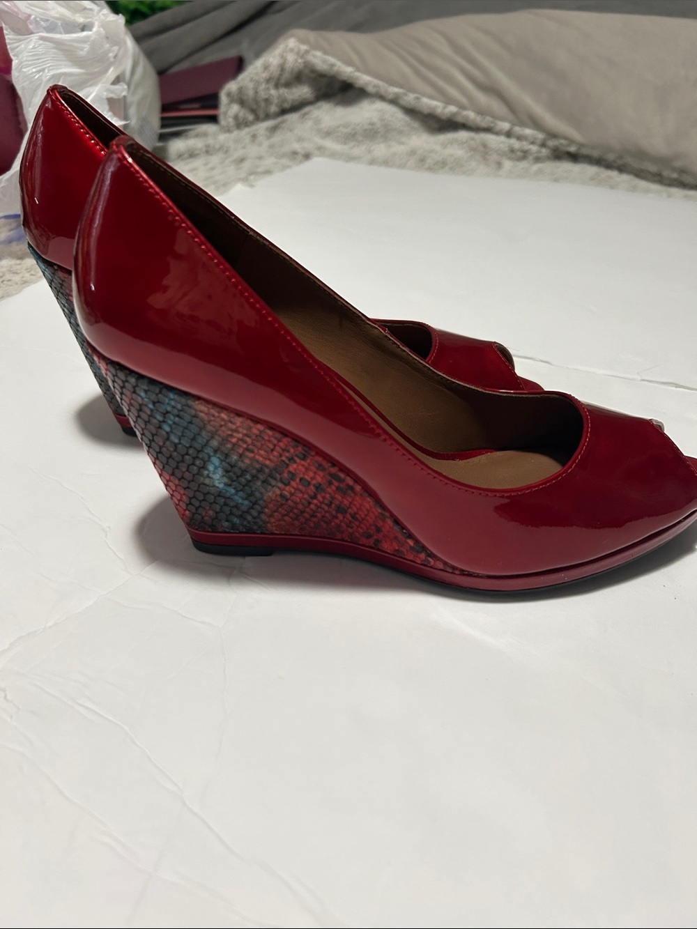 Donald J. Pliner Red Patent Peep-Toe Wedge with Snakeskin-Print Heel size 9.5